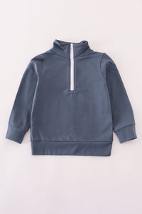 Navy character embroidery zip pull over