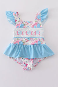 Blue floral embroidery one-piece swimsuit