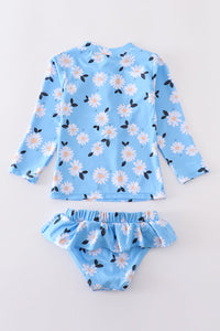 Blue daisy print 2pc girl swimsuit UPF50+