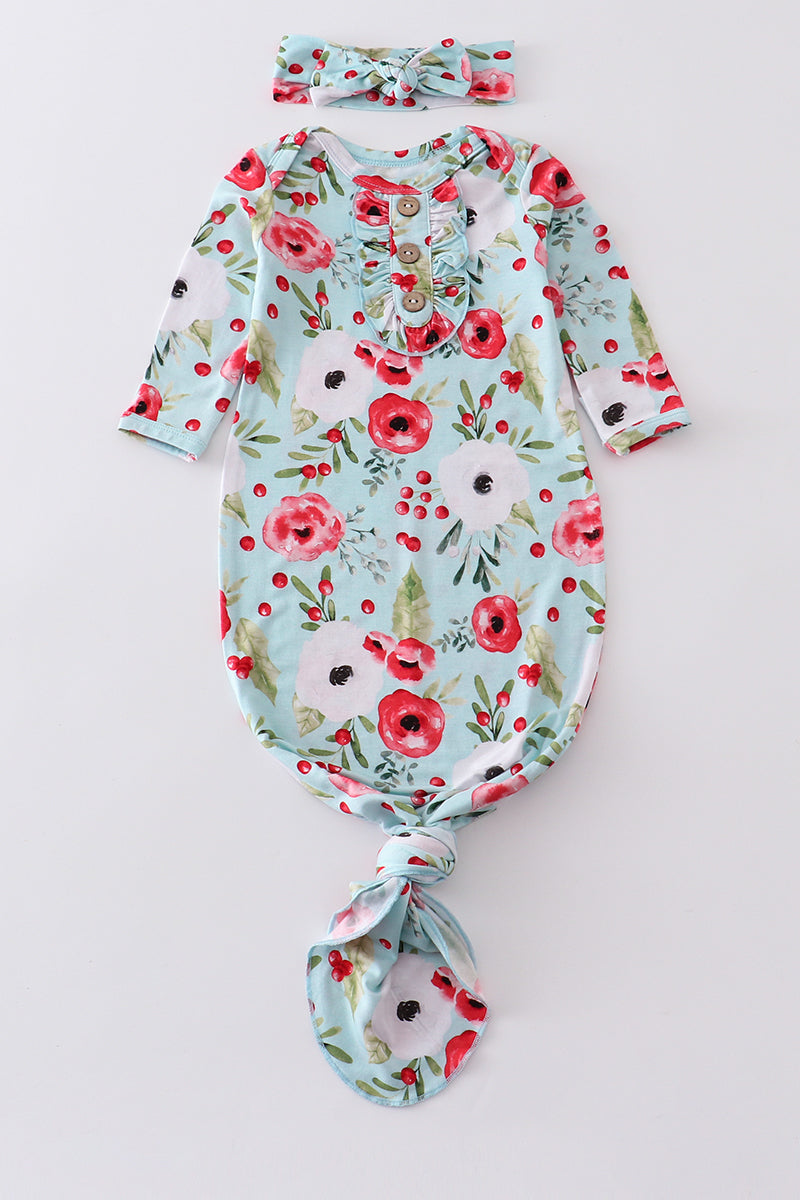 Red floral print bamboo baby gown