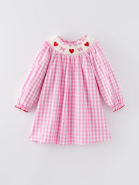 Valentine's Day Heart Bow Smocking Embroidered Pink Dress