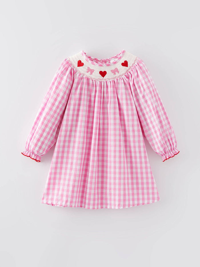 Valentine's Day Heart Bow Smocking Embroidered Pink Dress