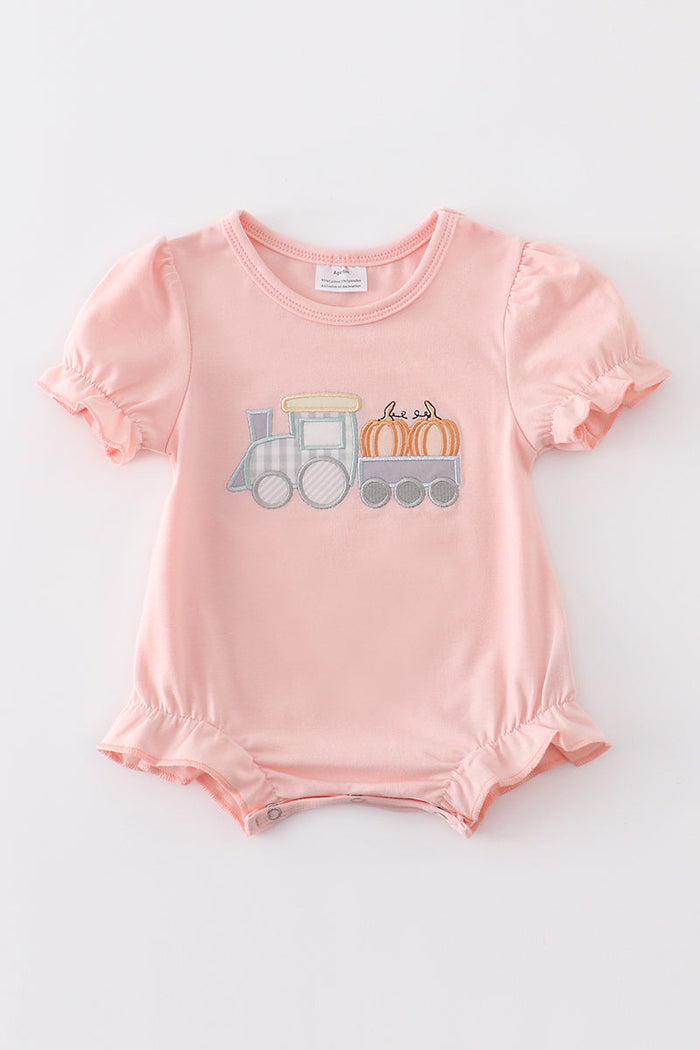 Beige train pumpkin applique girl bubble