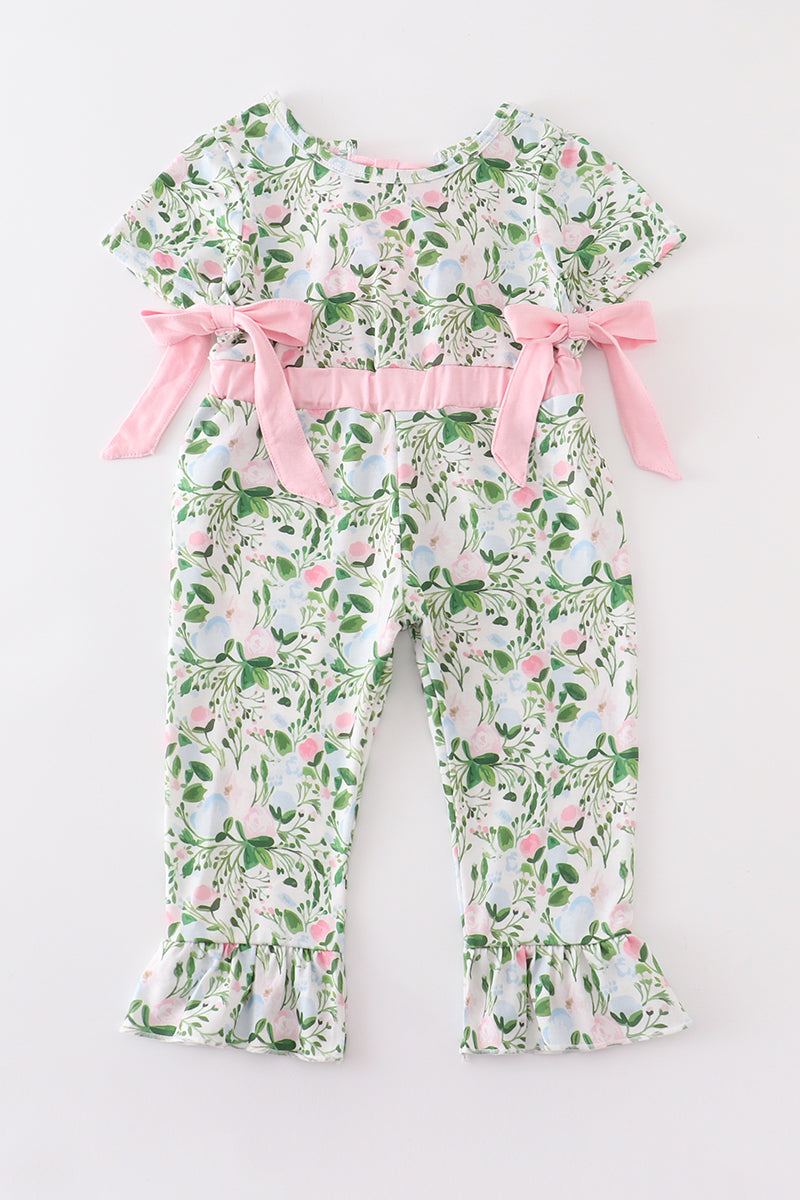 Green floral print girl jumpsuit