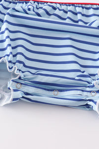 Blue stripe back to school embroidery girl bubble