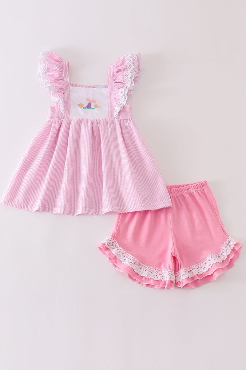 Pink seersucker mermaid embroidery girl set