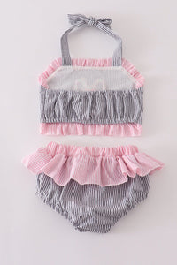 Pink and Gray Seersucker 2pc swimsuit
