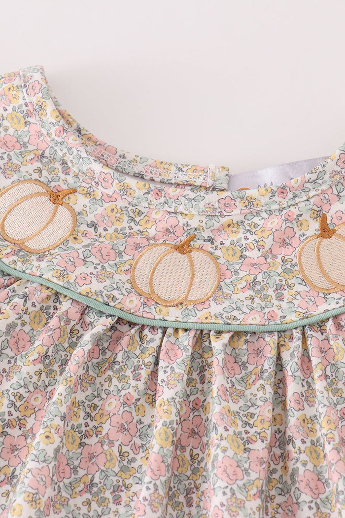 Pink floral print pumpkin embroidery girl dress