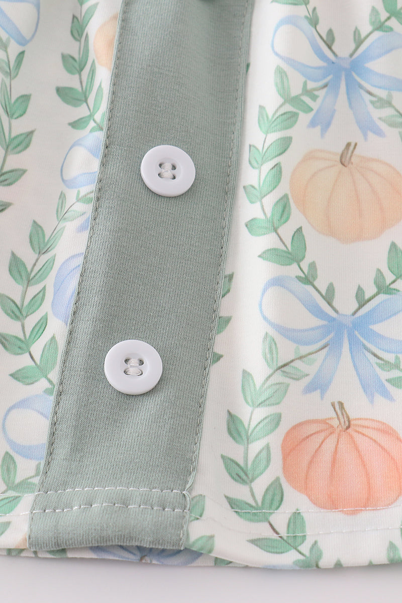 Green pumpkin bow print baby set