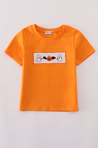 Orange Halloween pumpkin ghost embroidery top