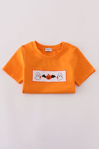 Orange Halloween pumpkin ghost embroidery top