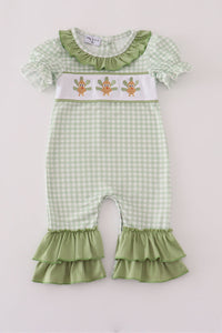 Sage turkey embroidery gingham ruffle romper