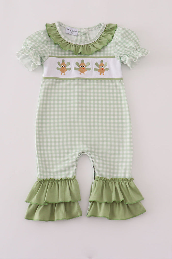 Sage turkey embroidery gingham ruffle romper