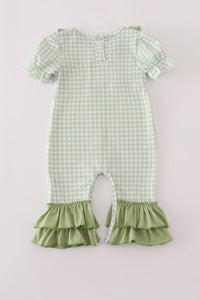 Sage turkey embroidery gingham ruffle romper