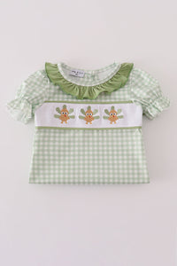 Sage turkey embroidery gingham ruffle romper