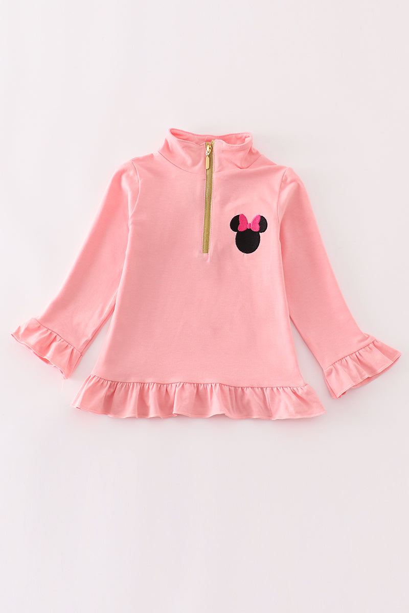 Pink character embroidery zip girl pullover