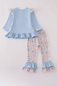 Blue turkey applique ruffle pants set