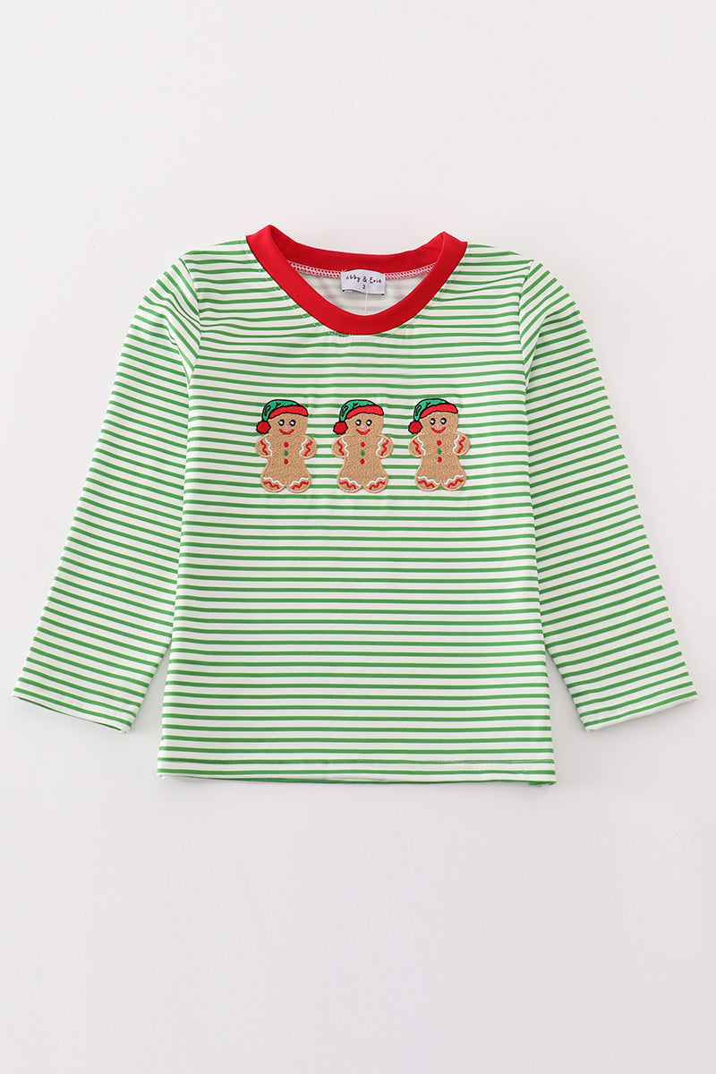 Green stripe christmas gingerbread embroidery boy top