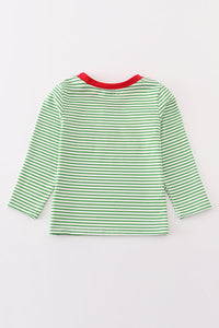 Green stripe christmas gingerbread embroidery boy top