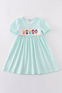 Blue princess embroidery girl gingham dress