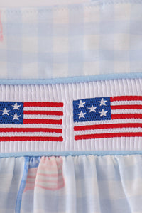 Blue flag embroidery smocked gingham bloomer set