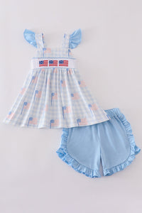 Blue flag embroidery smocked shorts set
