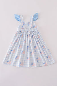Blue flag embroidery smocked gingham dress
