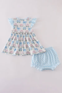 Blue hydrangea bow print ruffle bloomer set