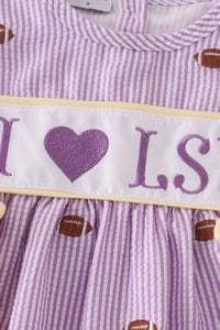 Purple stripe seersucker football I love LSU embroidery set