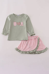 Sage pumpkin turkey applique skorts set