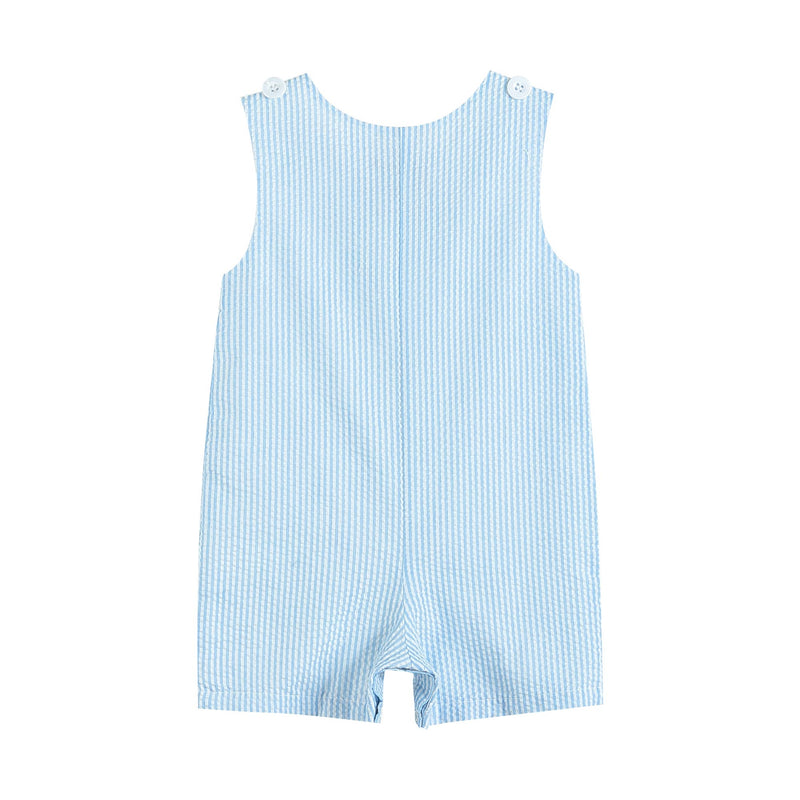 Light Blue Seersucker Fuzzy Bunny Shortalls