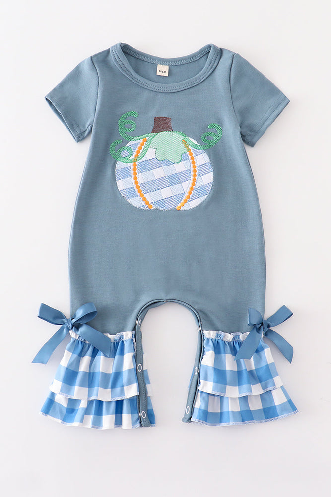 
                  
                    Blue plaid pumpkin embroidery baby girl romper
                  
                