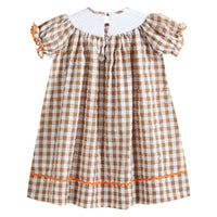 Light Brown Gingham Pumpkin Turkey Smocked Bishop Dress