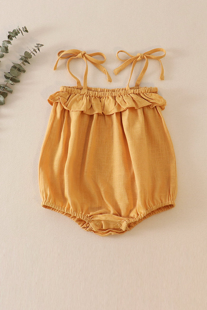 Mustard strap ruffle linen girl bubble