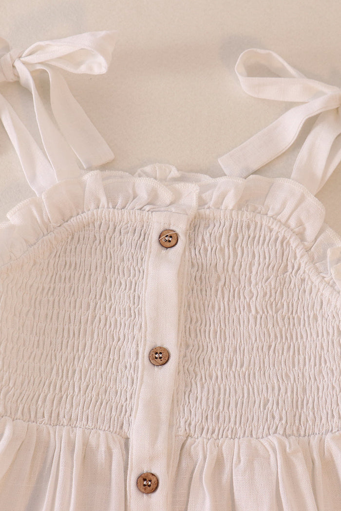 White linen smocked button dress