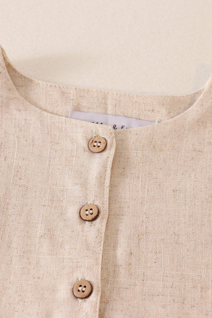 Beige ruffle button linen dress