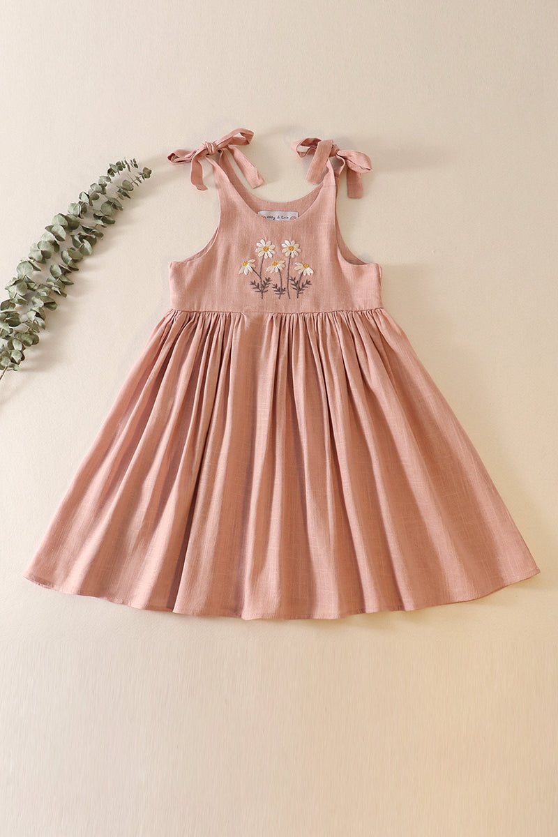 Mauve floral embroidery linen dress