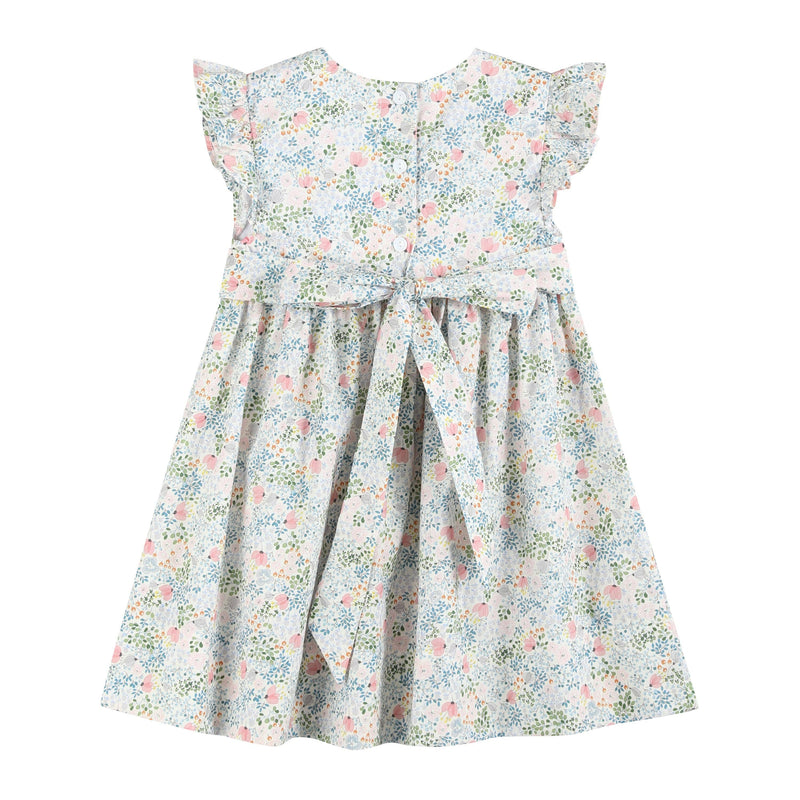 Pink Floral Print Smocked Flutter Dress
