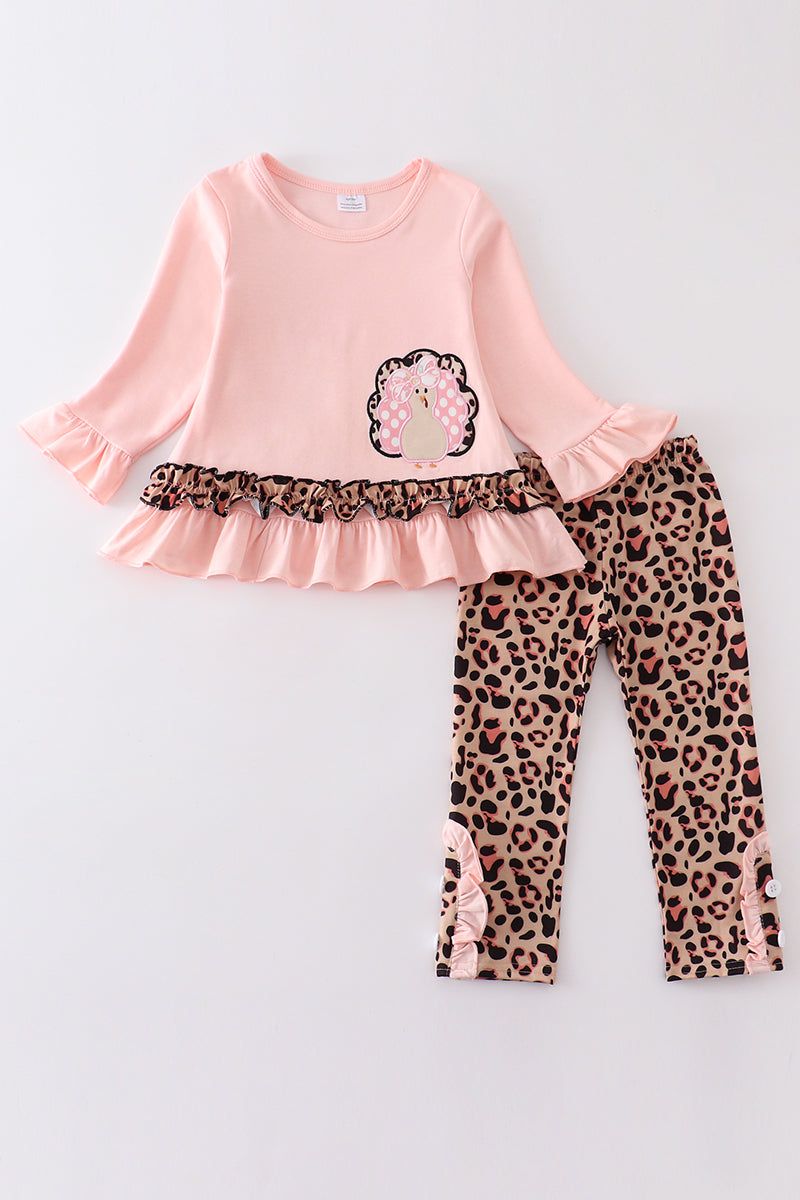 Pink leopard turkey applique girl set