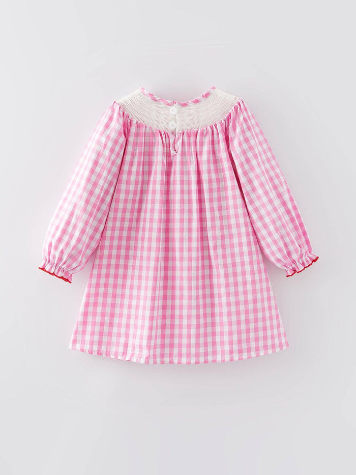 Valentine's Day Heart Bow Smocking Embroidered Pink Dress