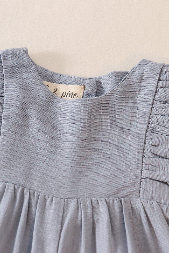 Blue linen ruffle girl romper