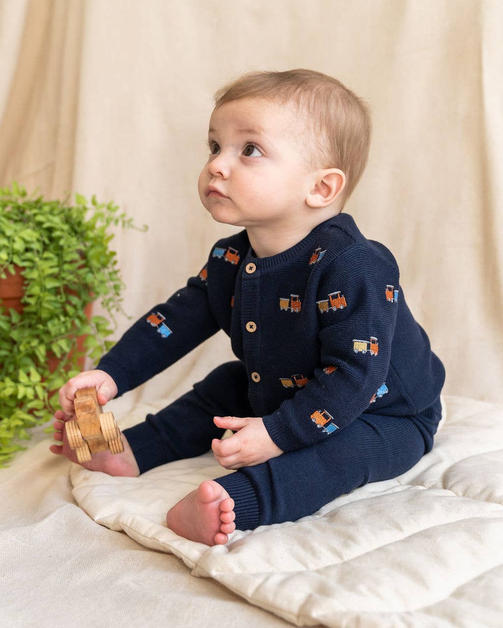 Train Embroidered Button Cardigan Baby Sweater (Organic)