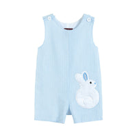 Light Blue Seersucker Fuzzy Bunny Shortalls