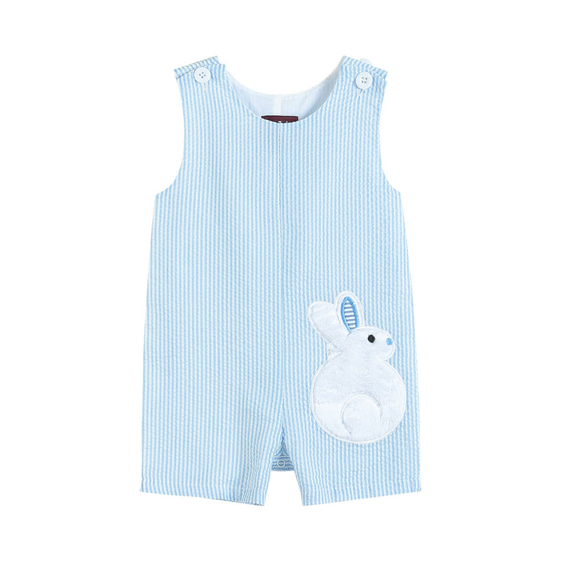 Light Blue Seersucker Fuzzy Bunny Shortalls