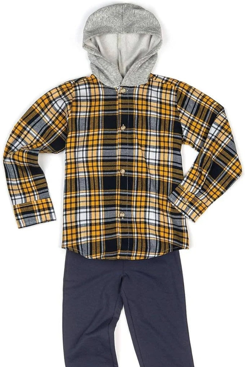 Toddler Boys Hooded Flannel Shirt and Knit Pant Set