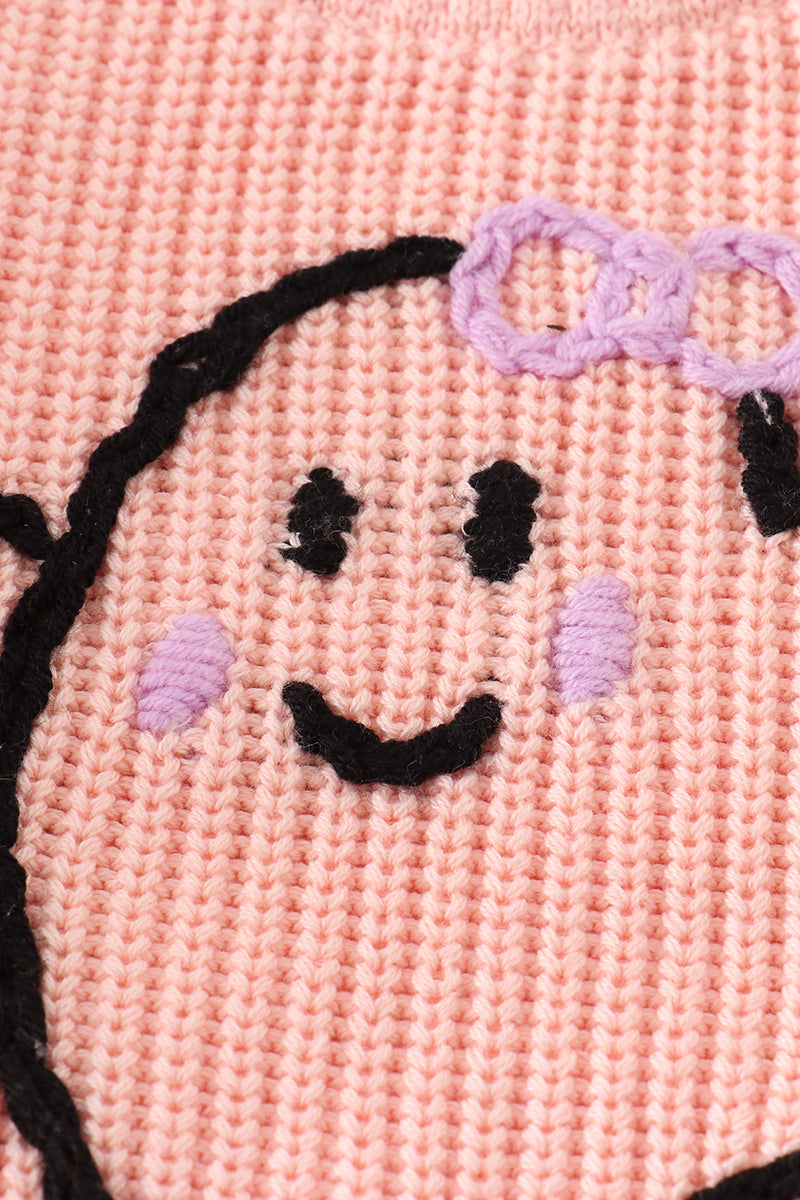 Pink hand-embroidery ghost pullover sweater