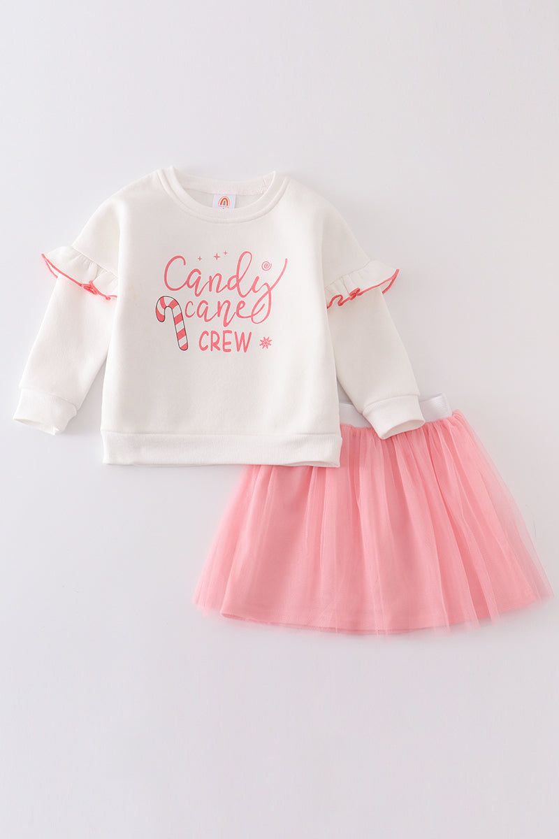 
                  
                    Premium Pink candy cane print ruffle skirt set
                  
                
