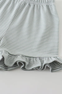 Premium Sage & white stripe basic ruffle shorts