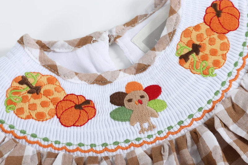 Light Brown Gingham Pumpkin Turkey Smocked Bishop Dress