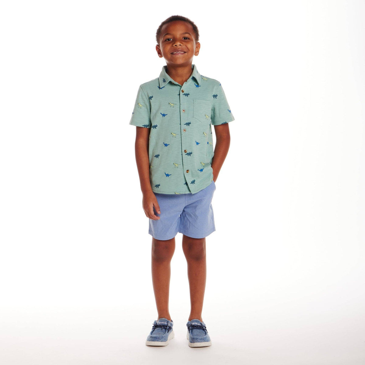 Kids (2-7) Knit Buttondown & Hybrid Short Set | Dinosaur Print